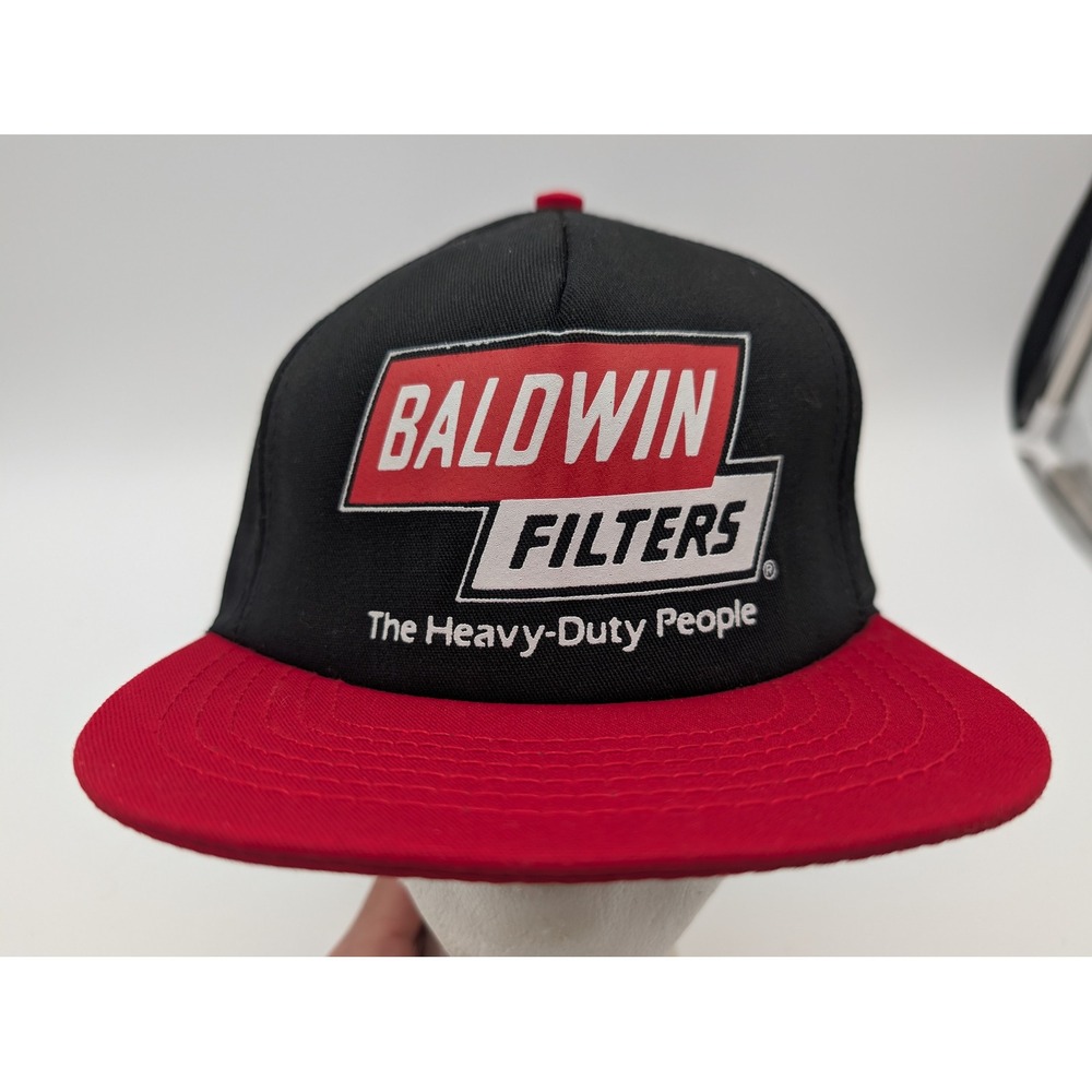 Vintage Baldwin Filters Hat Stylemaster Snapback Black Red Made in USA Trucker